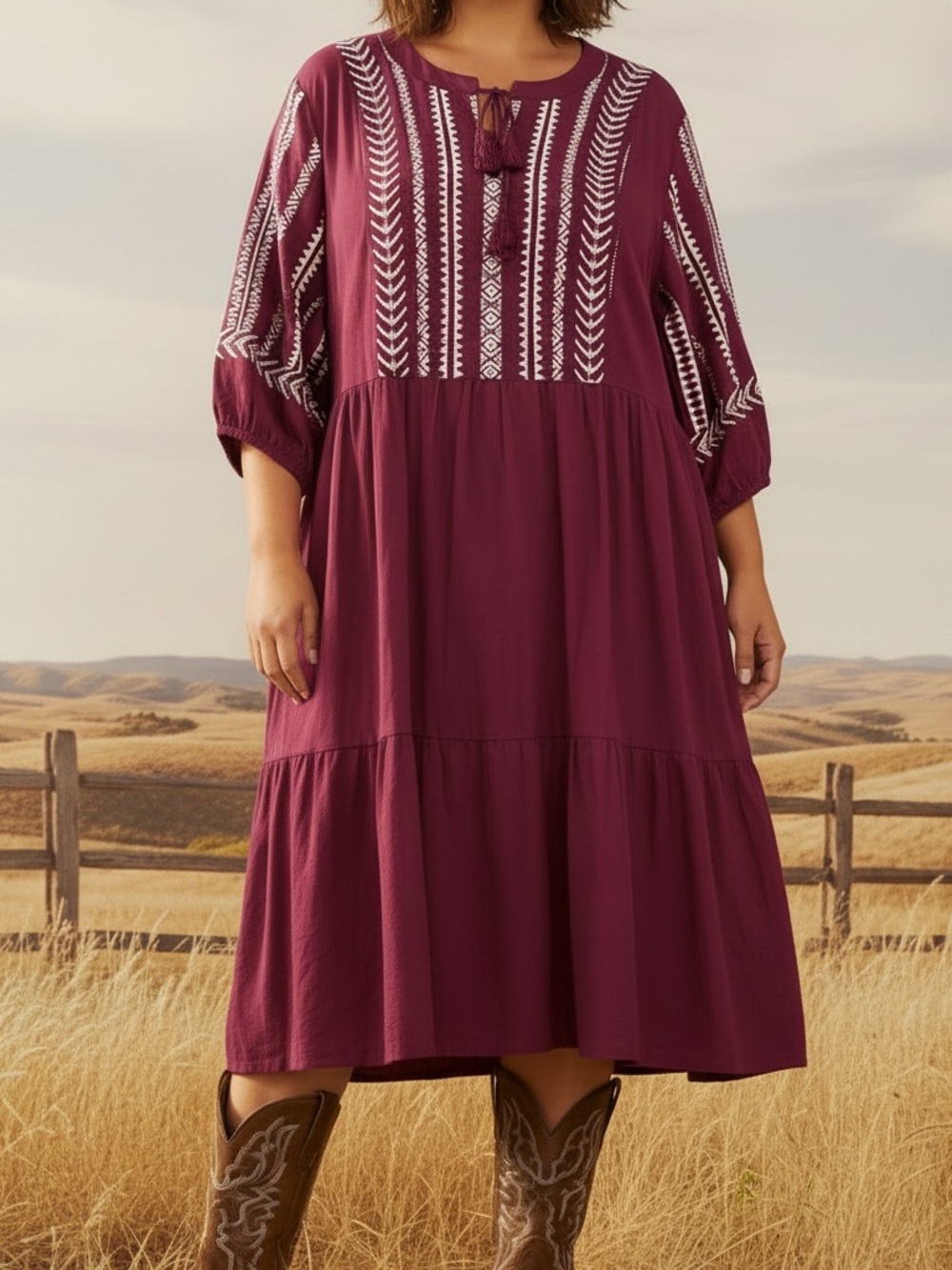 BloomChic Wine Peasant Midi Dress